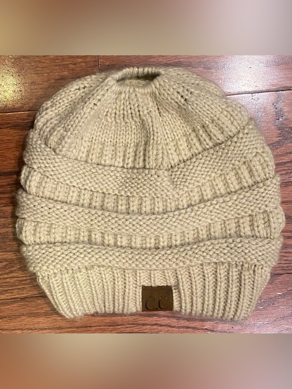 C.C. Beanie Beige Ponytail Messy Bun Cable Knit 8.5”Hx9.5”W